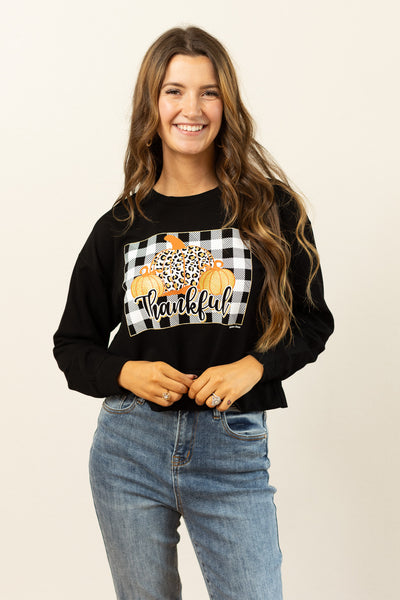 Gingham Thankful on Black Crop Sweatshirt