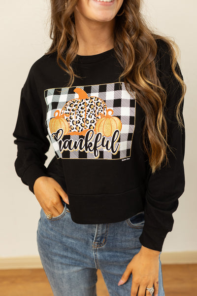 Gingham Thankful on Black Crop Sweatshirt