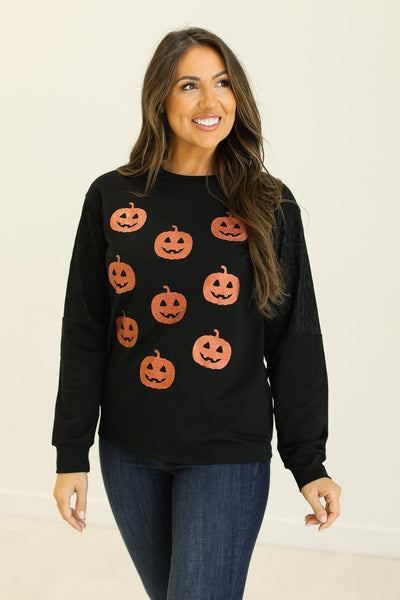 Sequin Pumpkins on Black Sweatshirt