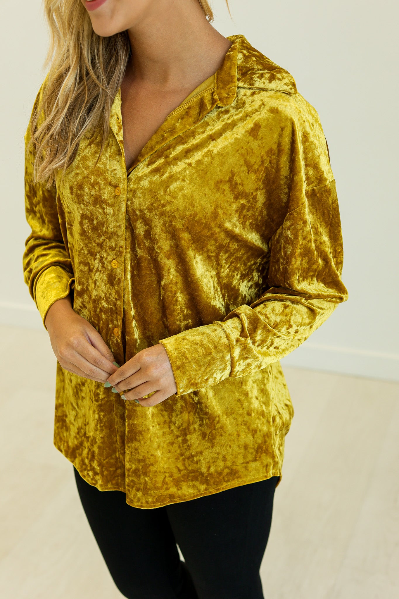 Kathryn Classic Button-Up, Mustard Velvet