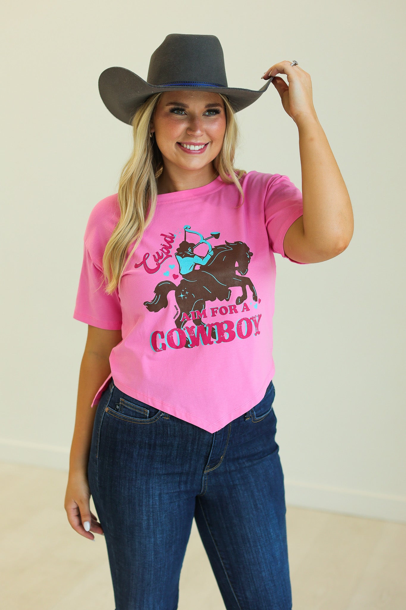 Cupid Aim for a Cowboy V-Hem Top, Pink