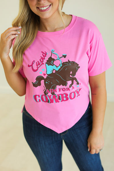 Cupid Aim for a Cowboy V-Hem Top, Pink