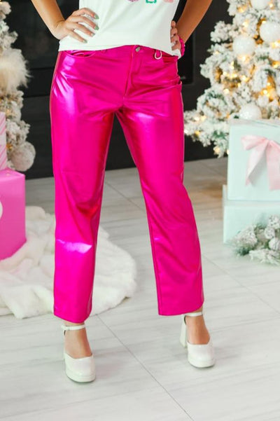 Change of Pace Metallic Pants in Hot Pink