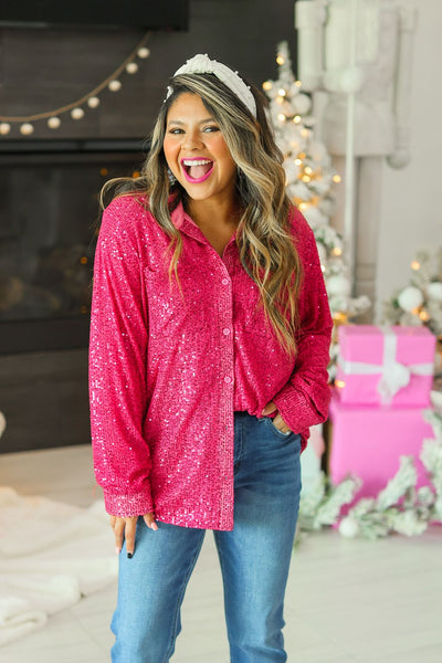 Kathryn Classic Button-Up, Hot Pink Sequin