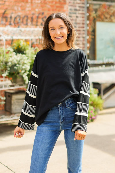 The Leslie Black Top with Striped Sleeve