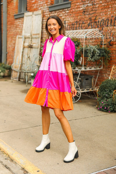 Pink Color Block Button-Up Dress