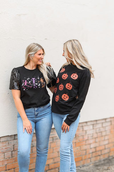 Skeleton Black Top With Sequins Puff Sleeve