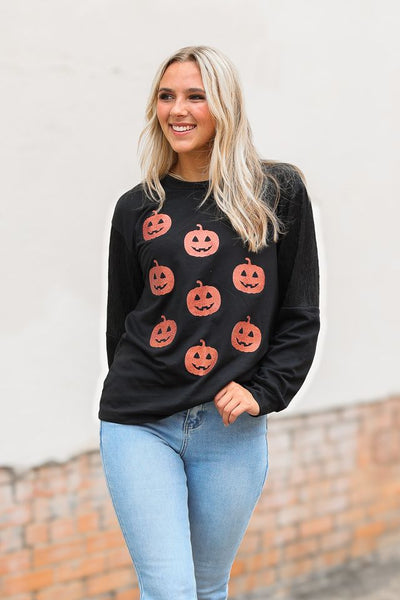 Sequin Pumpkins on Black Sweatshirt