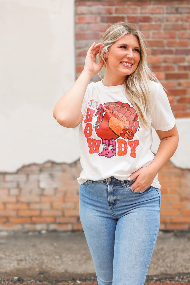 Howdy Turkey on White Blank Tee Shirt