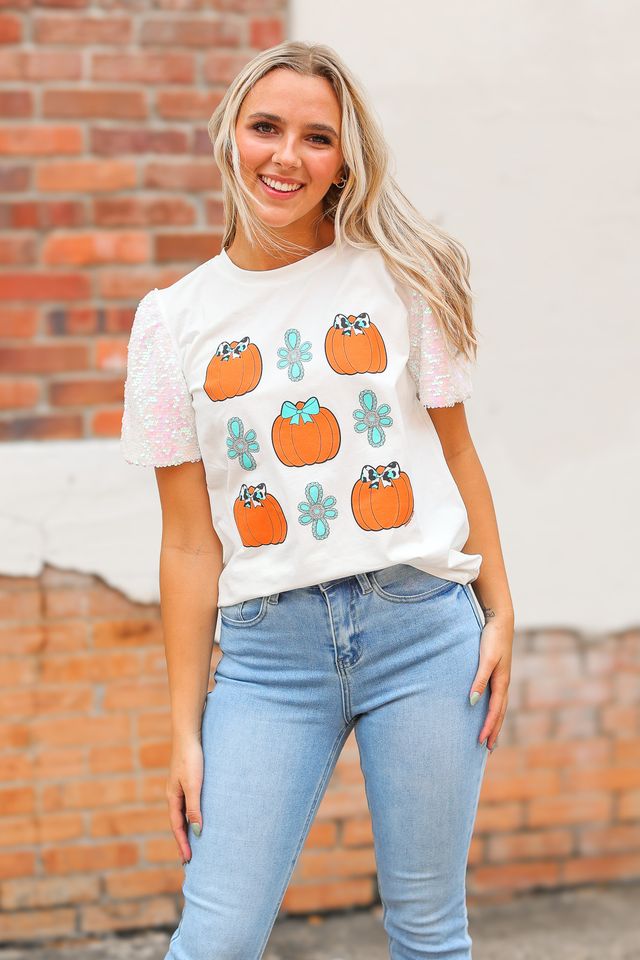 Western Pumpkins on White Top With Sequins Puff Sleeve