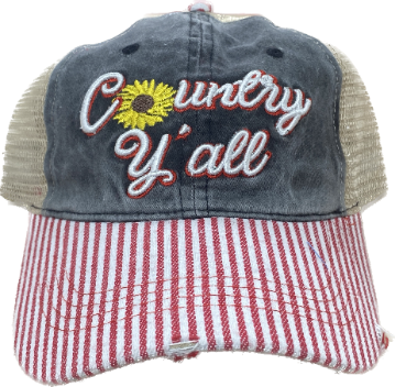 Country Y'all Embroidered Patch on High Ponytail Charcoal Hat with Striped Bill