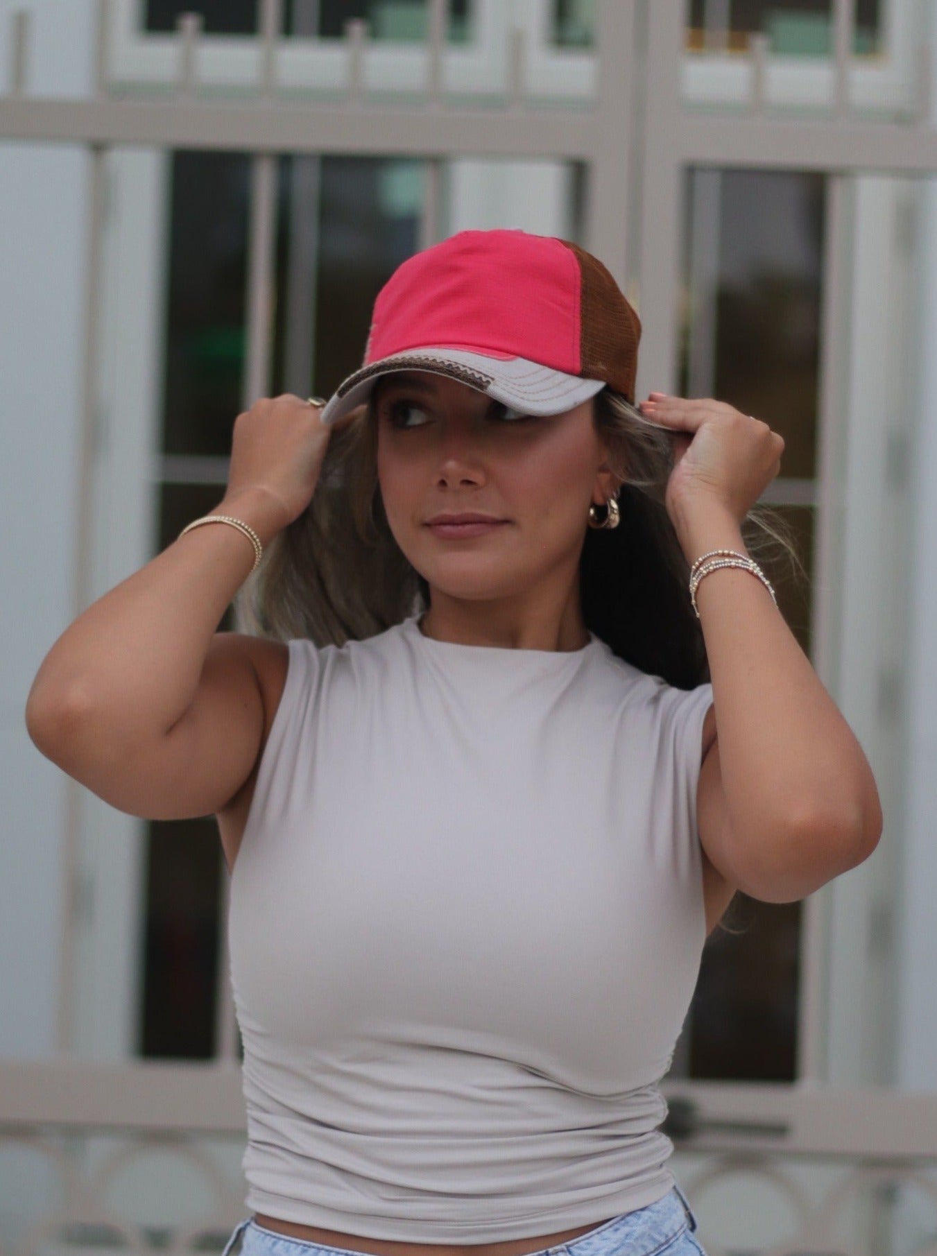 Red and Grey Hat with Brown Mesh