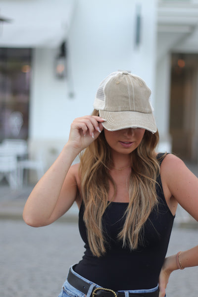 Tan Distressed Hat with Ivory Mesh