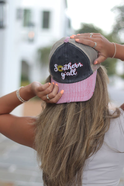 Country Y'all Embroidered Patch on High Ponytail Charcoal Hat with Striped Bill