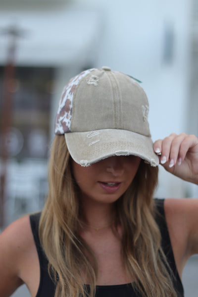 Distressed Light Brown and Brown Cow High Ponytail Hat