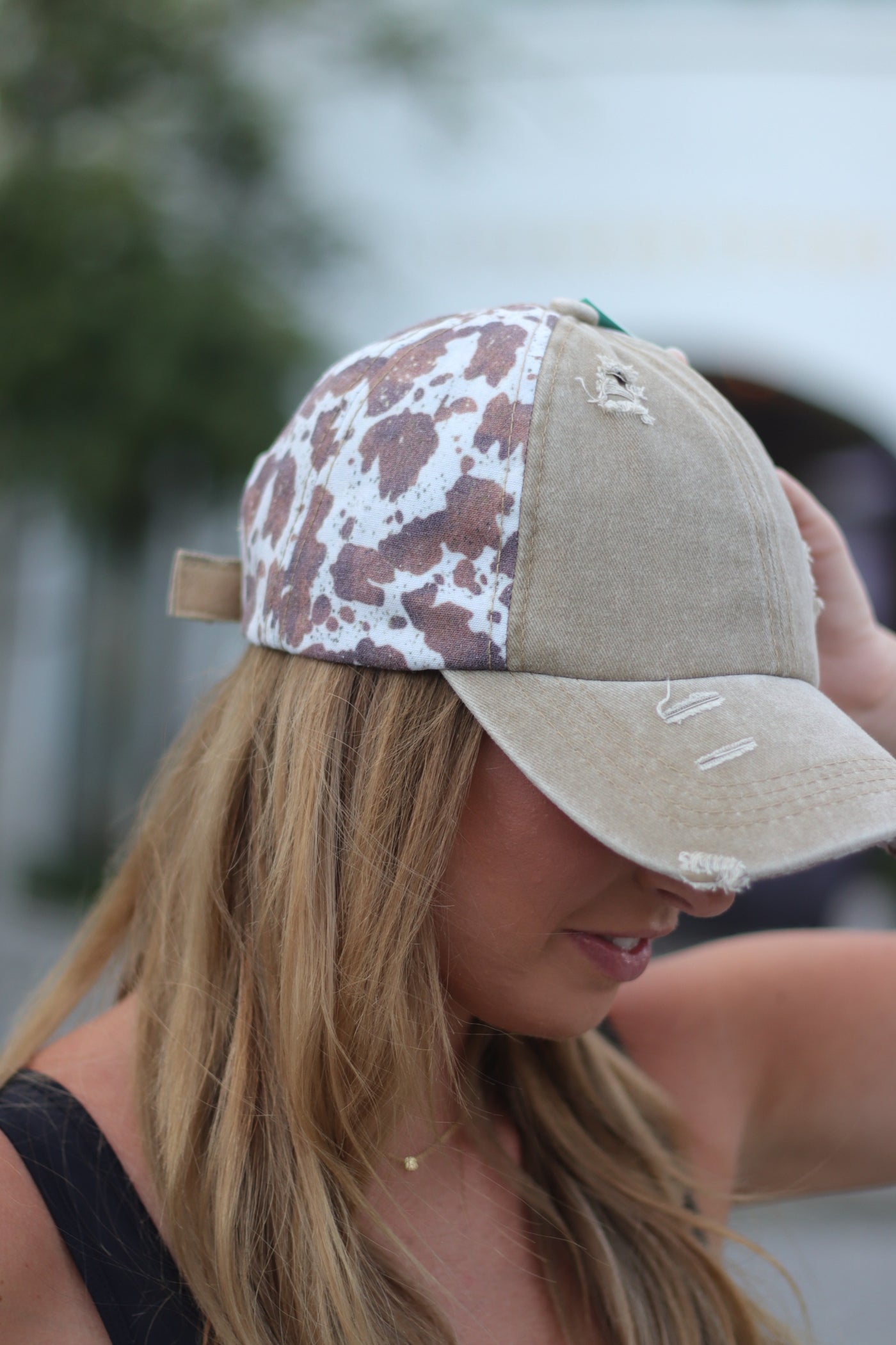 Distressed Light Brown and Brown Cow High Ponytail Hat