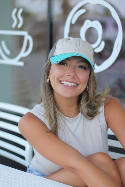 Beige, Brown and Turquoise Distressed Hat