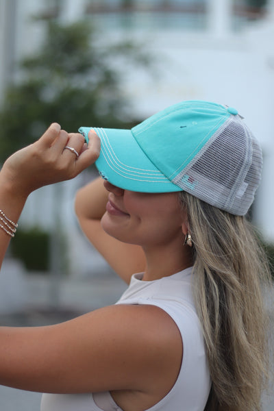 Turquoise Distressed Hat with Grey Mesh