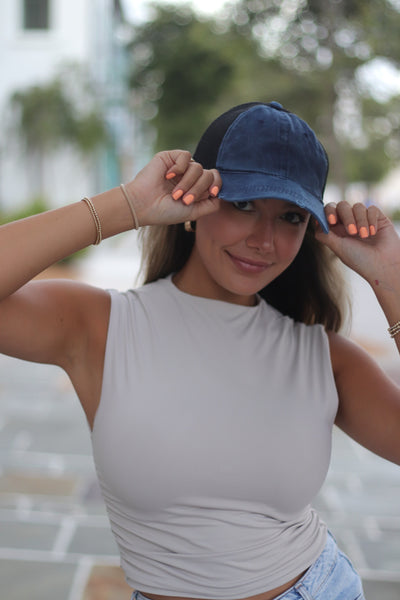 High Ponytail Navy Hat with Black Mesh Size