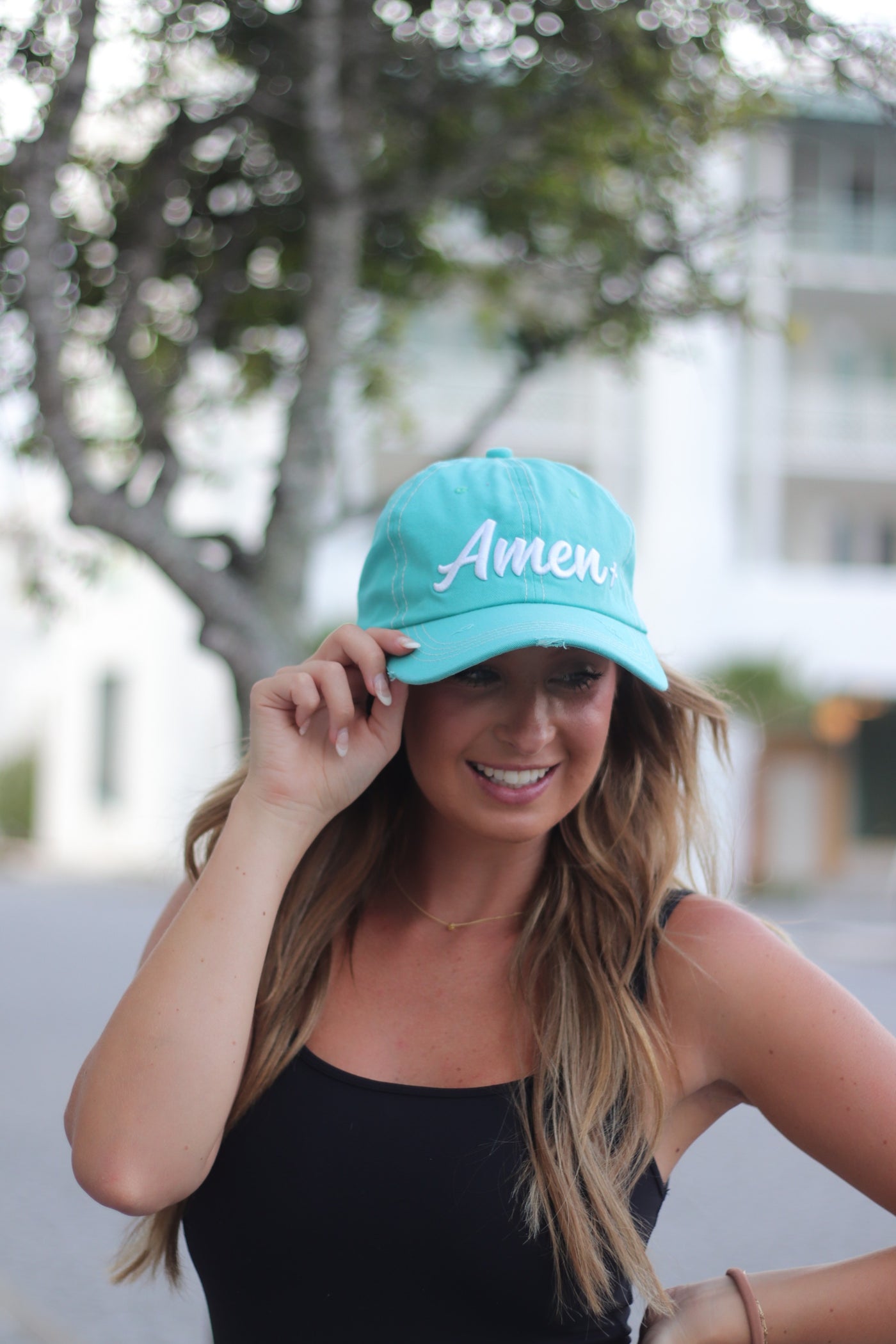 White Amen Embroidery on Turquoise Hat