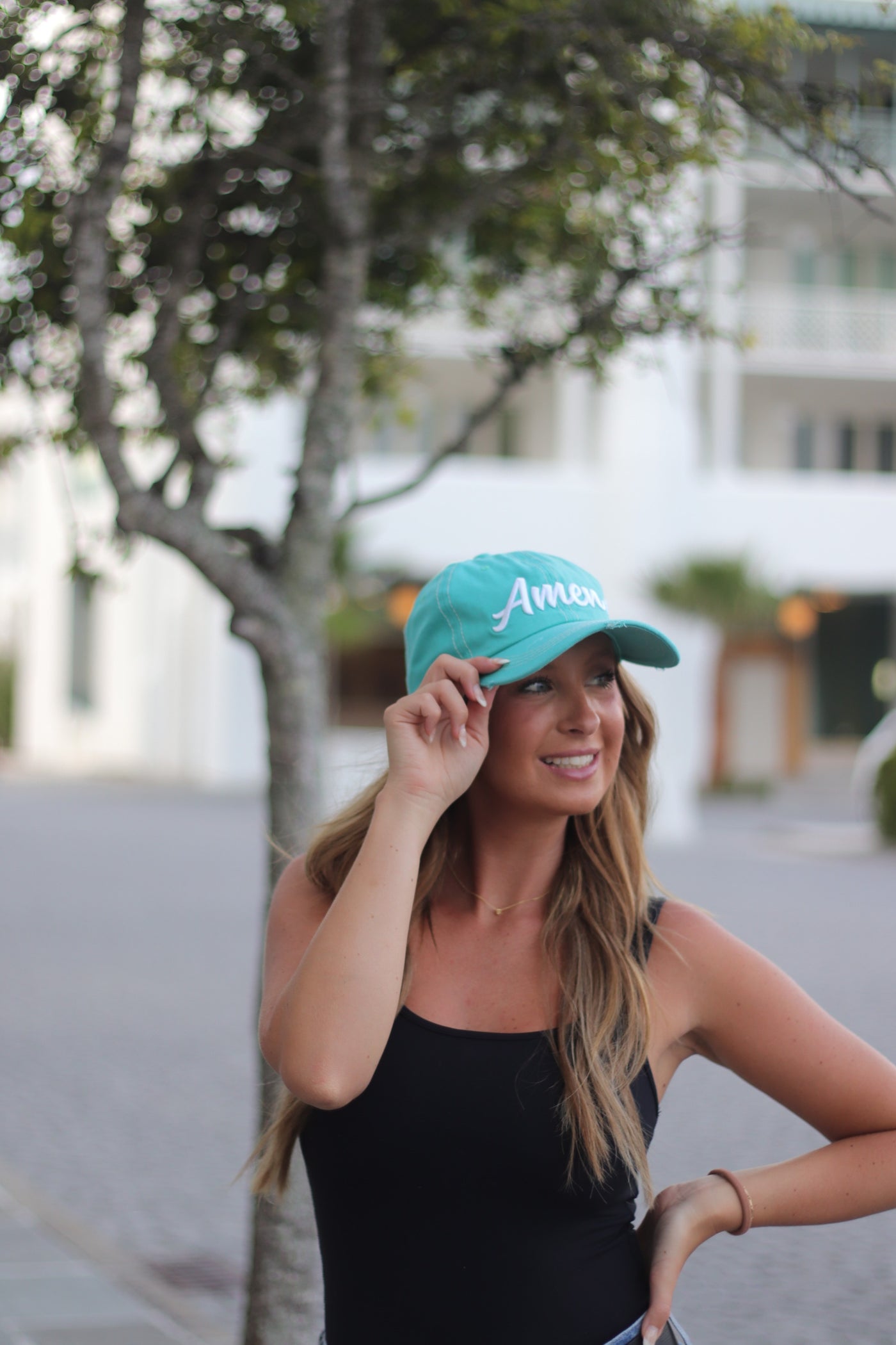 White Amen Embroidery on Turquoise Hat