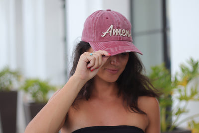 Cream Amen Embroidery on Maroon Hat