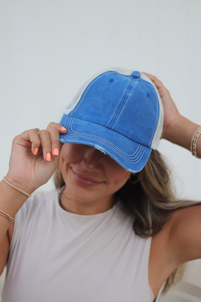 Blue Distressed Hat with Tan Mesh