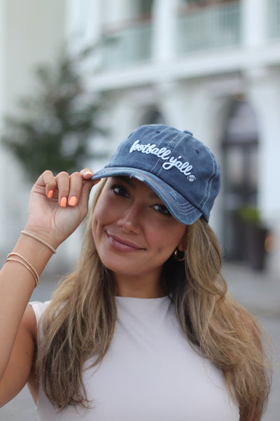 White Football Y'all Embroidery on Navy Hat