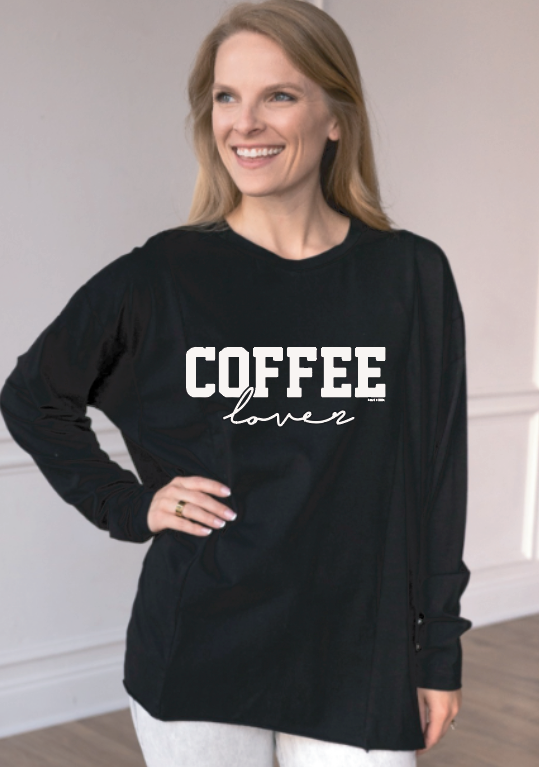 Coffee Lover Black Long-Sleeved T-shirts With Side Stitching