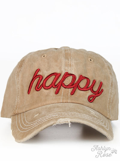 Burgundy Happy Embroidery on Beige Hat