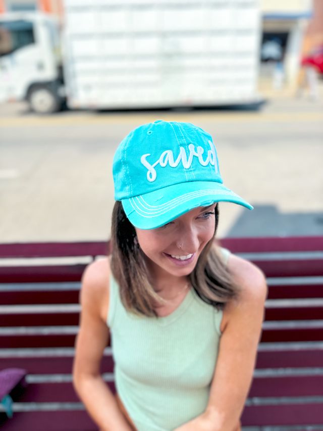 White Saved Embroidery on Turquoise Hat