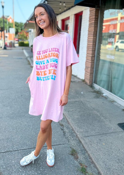 See You Later Alligator on Pink Wash Tee Shirt Dress With Pockets