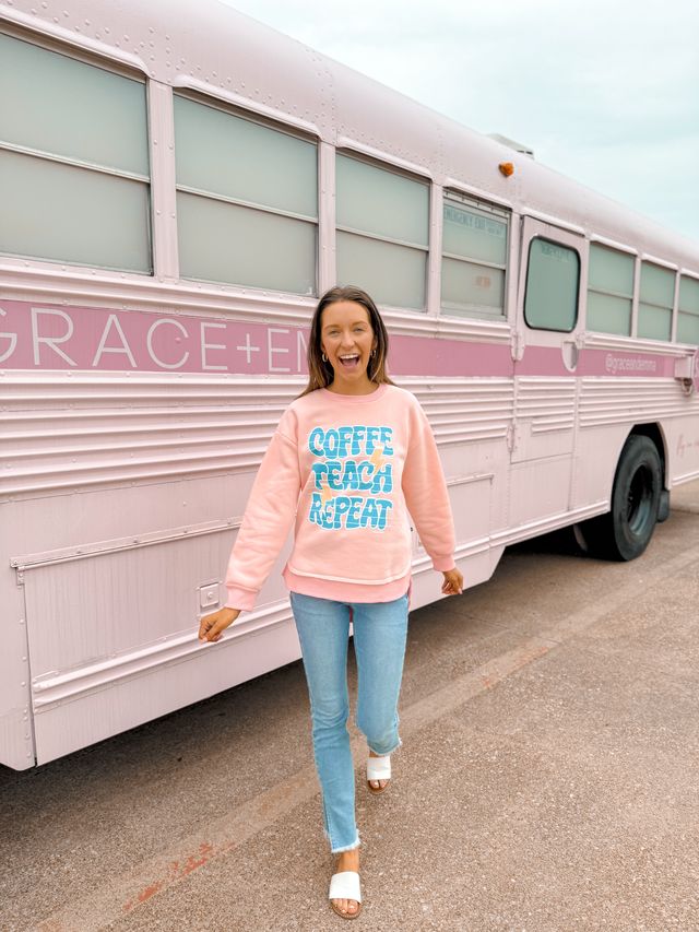 Coffee Teach Repeat on Pink French Terry Sweatshirt With Ribbed Knit