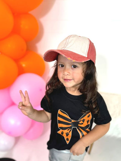 Girl's Distressed Orange and Cream Hat