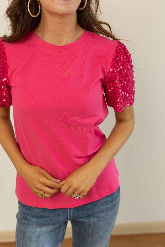 Sequins Puff Sleeve Top, Fuchsia