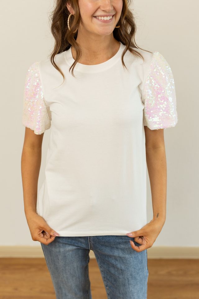 Sequins Puff Sleeve Top, White