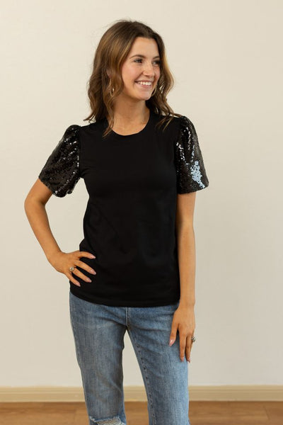 Sequins Puff Sleeve Top, Black