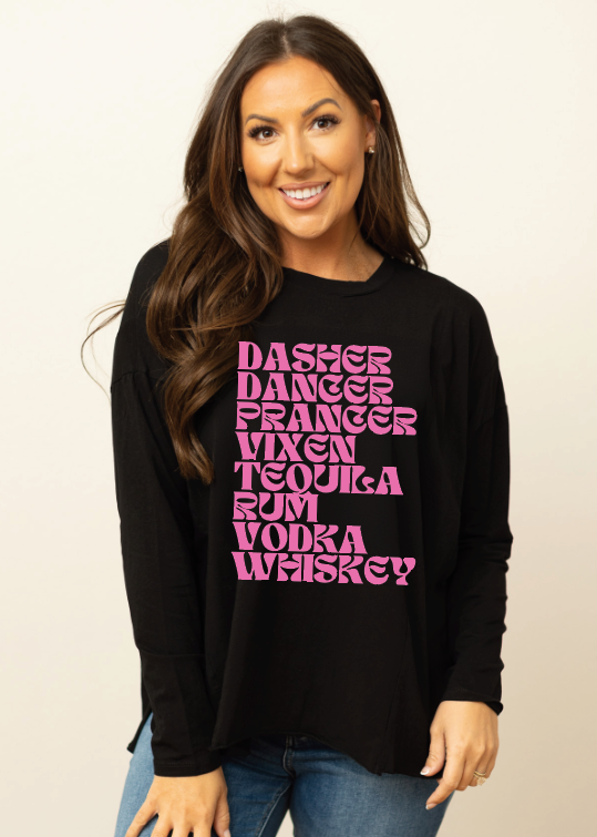 Dasher, Dancer, Prancer, Vixen, on Black Long Sleeve Tee