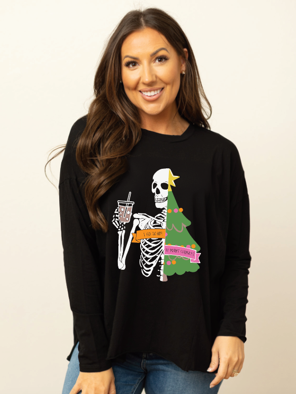 Skeleton Christmas Tree on Black Long Sleeve Tee