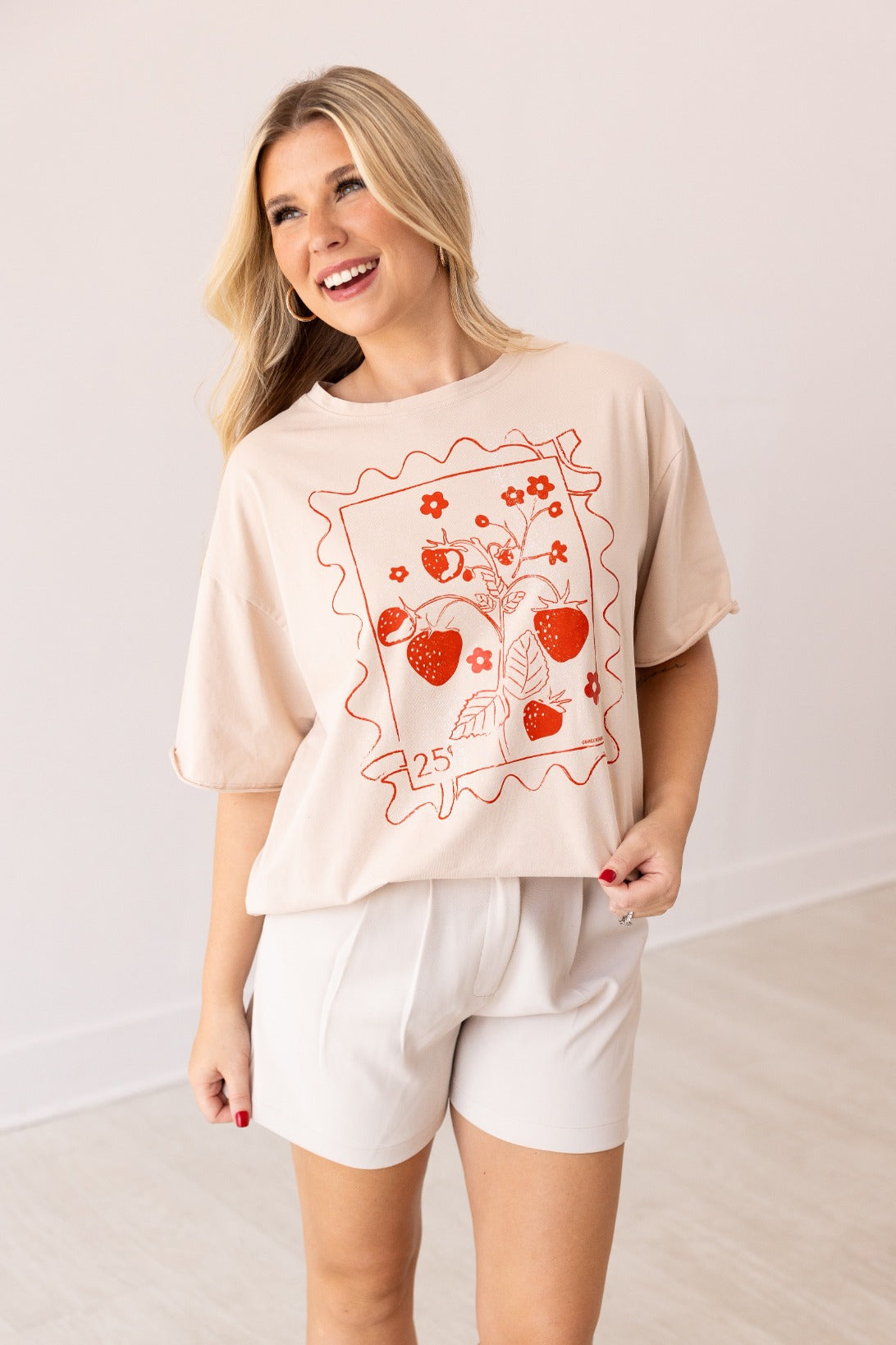 Strawberry Stamp On Beige Relaxed Fit Tee