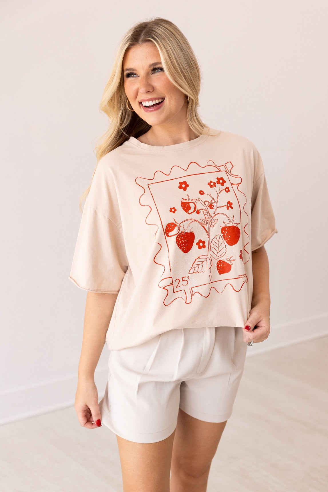 Strawberry Stamp On Beige Relaxed Fit Tee