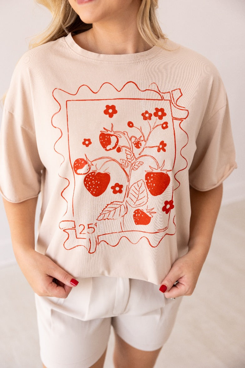 Strawberry Stamp On Beige Relaxed Fit Tee