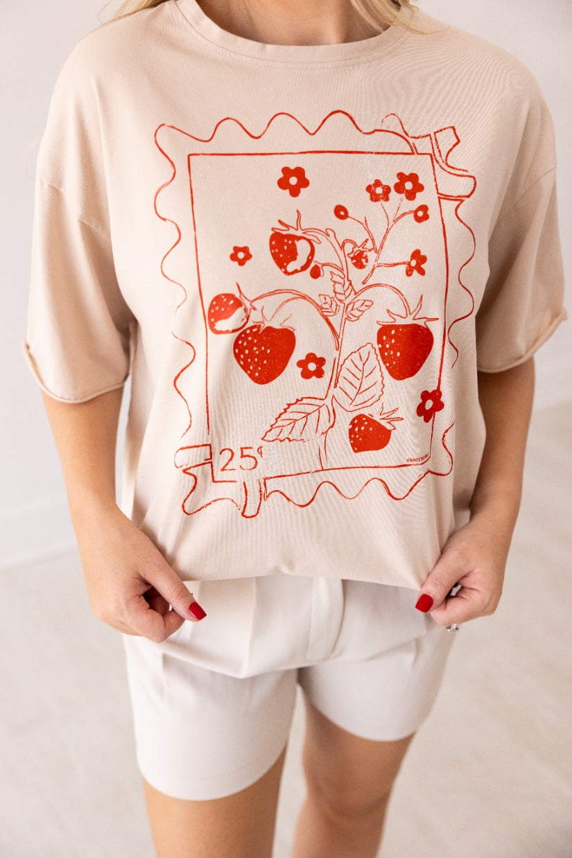 Strawberry Stamp On Beige Relaxed Fit Tee