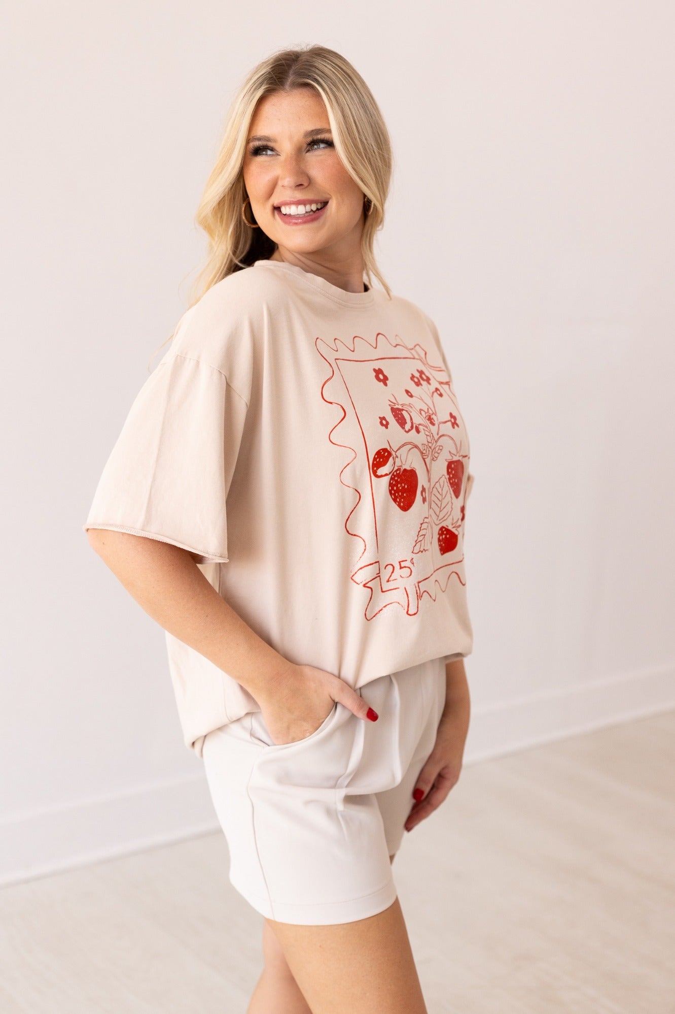 Strawberry Stamp On Beige Relaxed Fit Tee