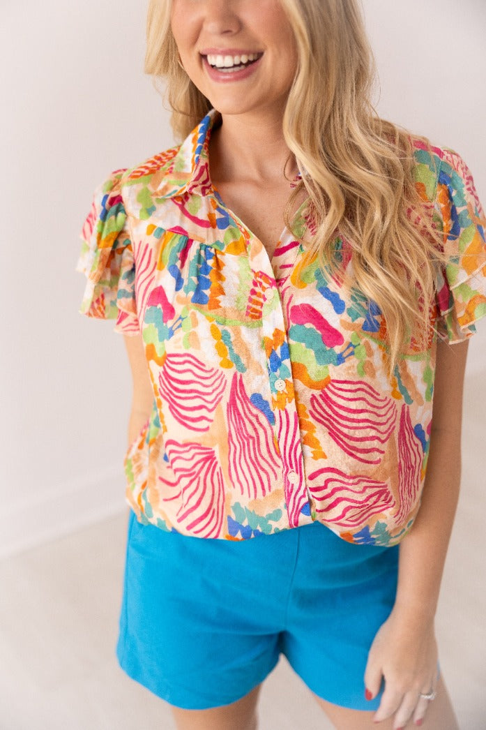 Tropical Print Top Flutter Sleeves