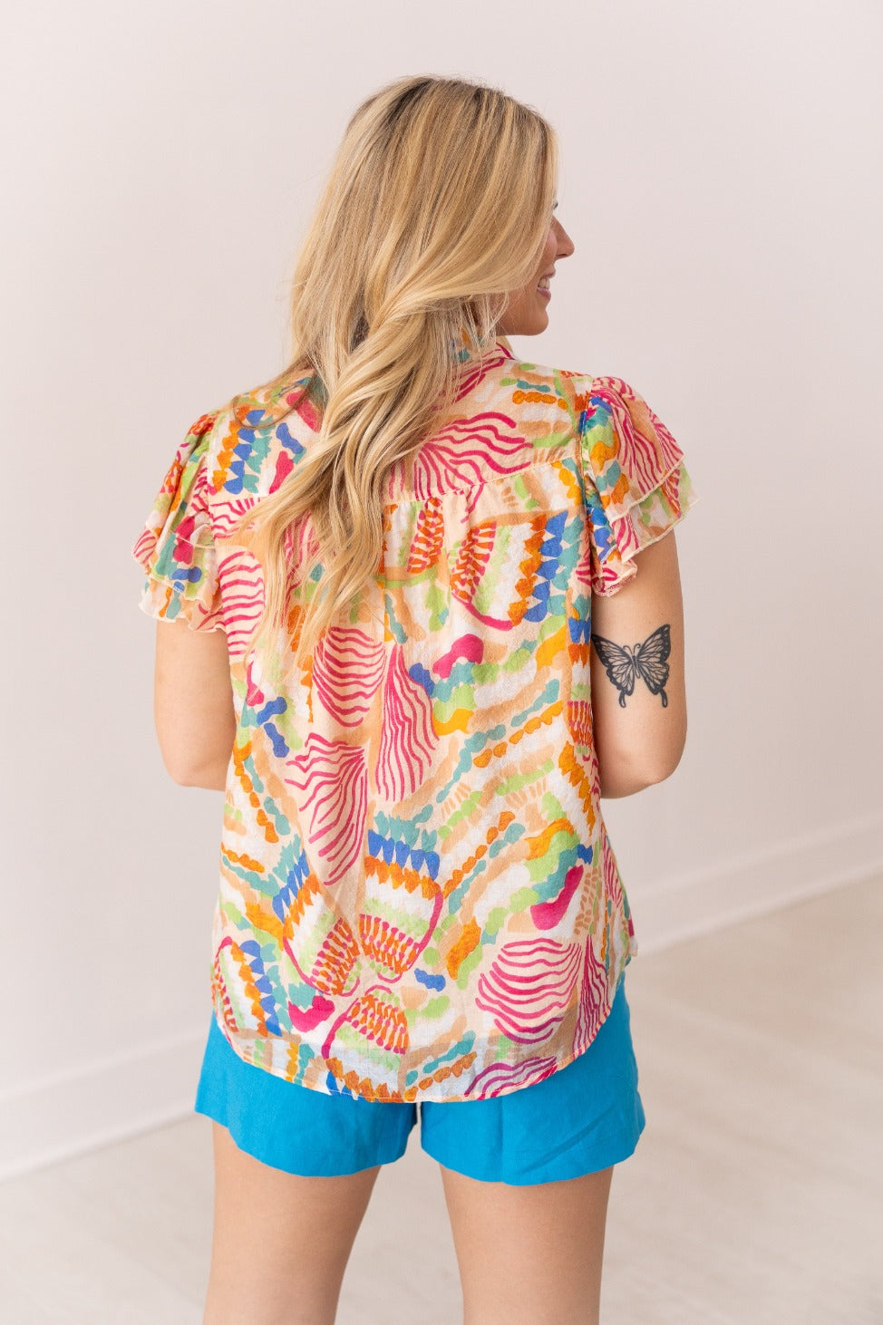 Tropical Print Top Flutter Sleeves