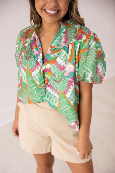 Tropical Print Puff Sleeve Top