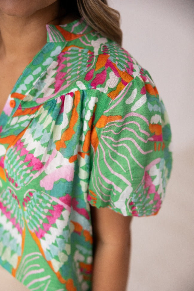 Tropical Print Puff Sleeve Top