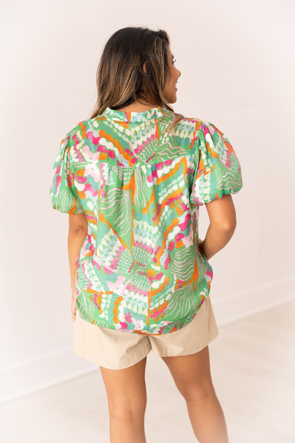 Tropical Print Puff Sleeve Top