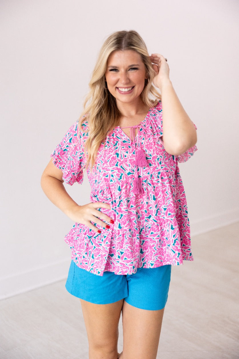 Pink & Green Floral Babydoll Top